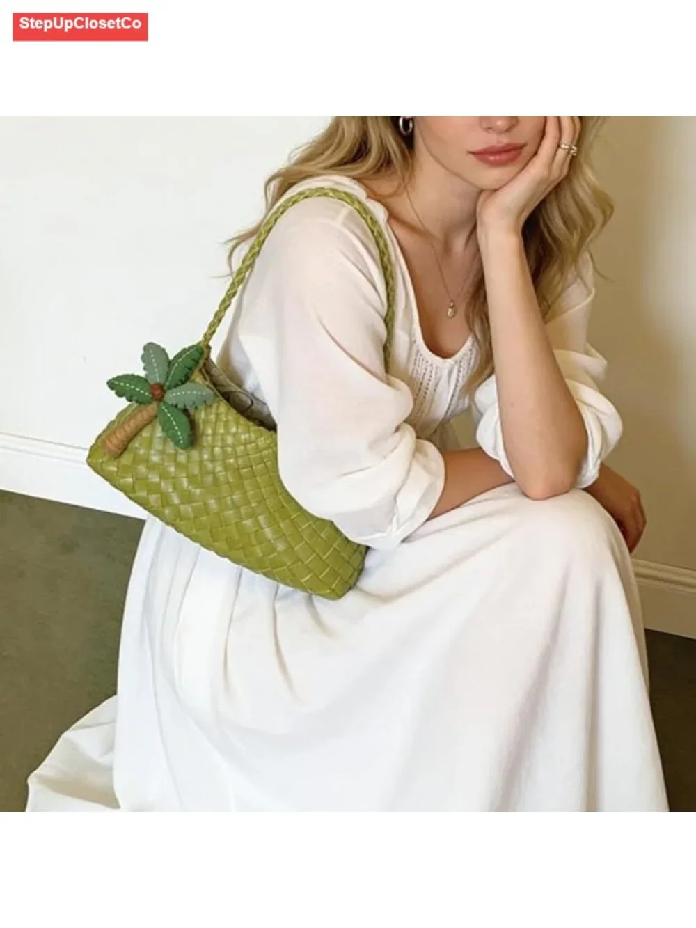 Handwoven Leather Shoulder Bag Hobo Purse Braided Strap Drawstring Closure